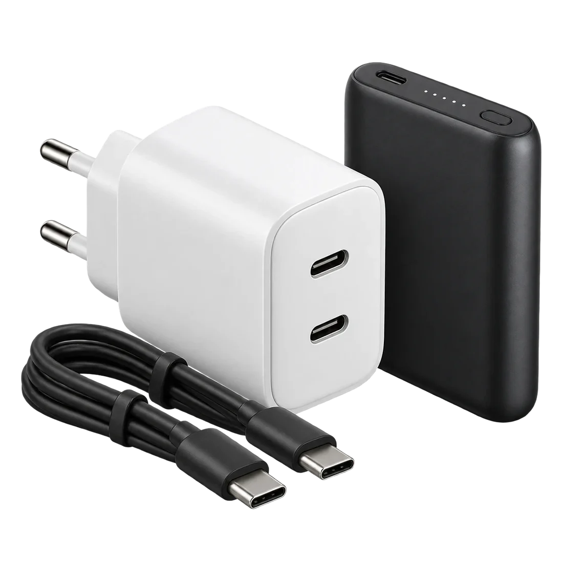 Cargador de pared y cable USB-C sobre fondo claro
