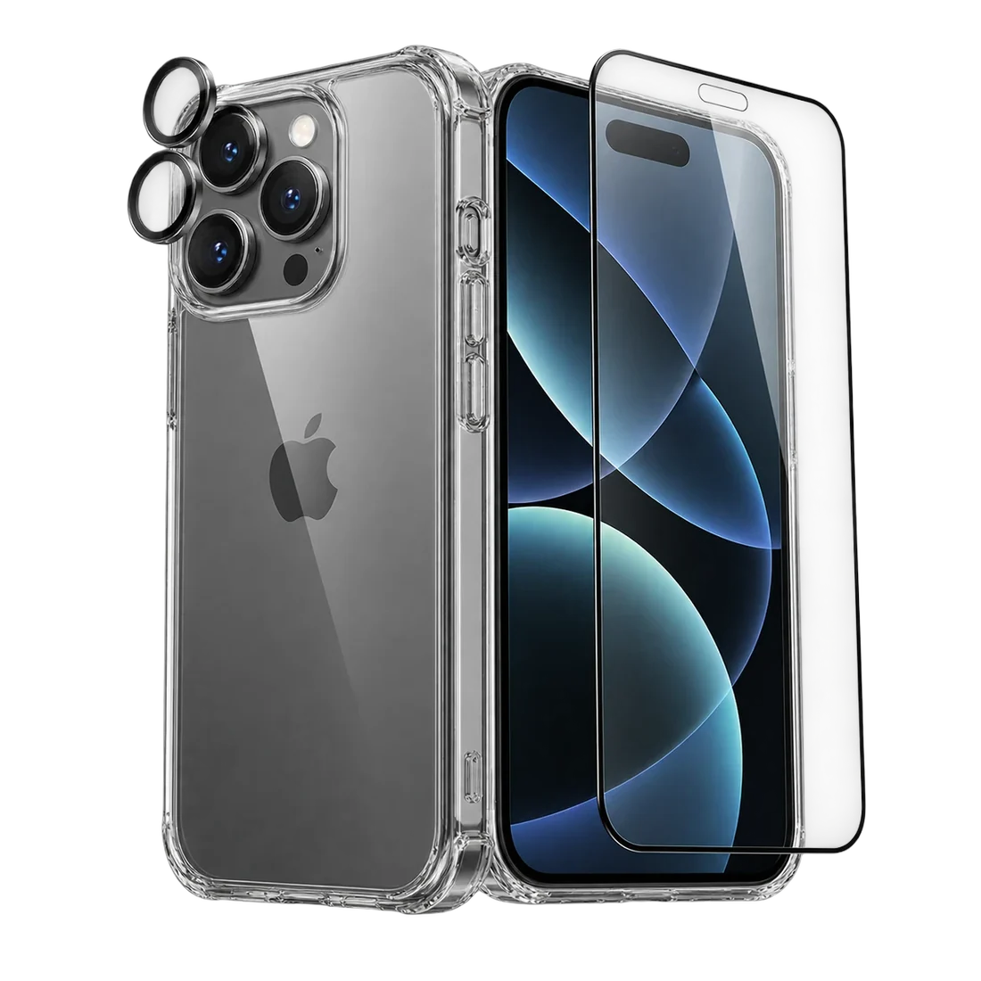 Funda transparente y vidrio templado para celular sobre fondo claro
