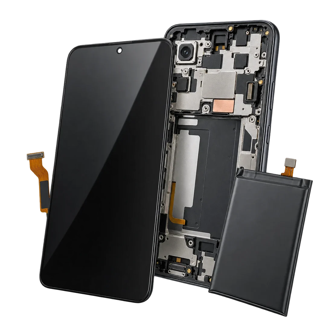 Celular abierto con el m&oacute;dulo, la bater&iacute;a y la placa de carga a la vista