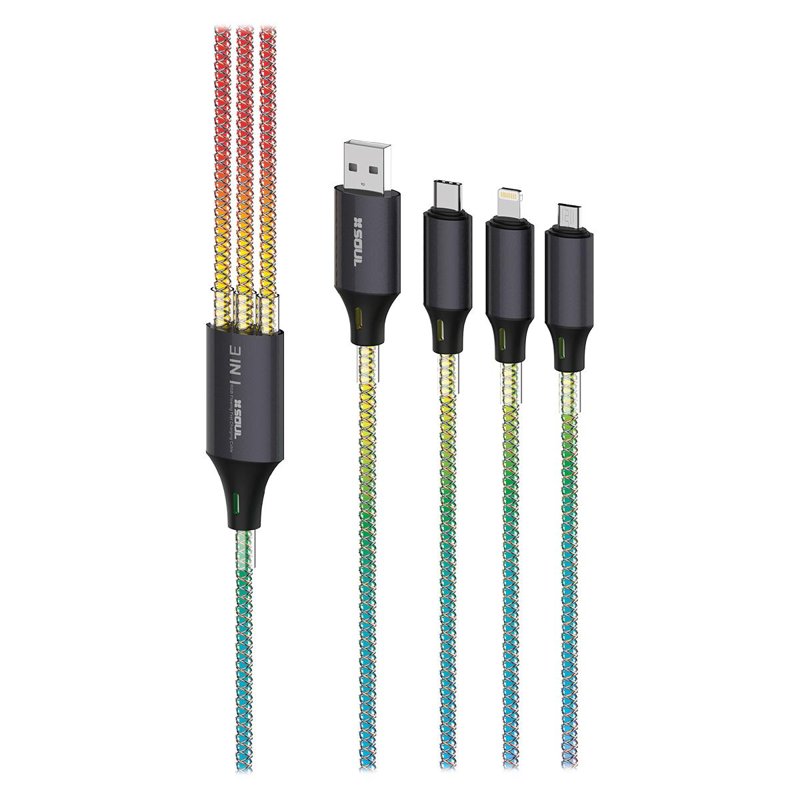 CABLE SOUL RGB 3 EN 1 60W PD USB-C + LIGHTNING + MICRO USB